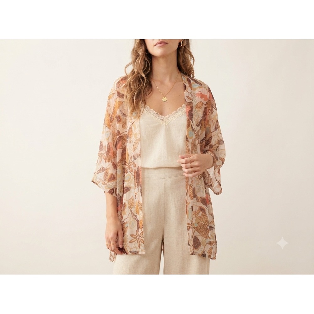 Aerie Women O/S Floral Bird Print Open Front Kimono Cover Up Earthy Tones NWOT